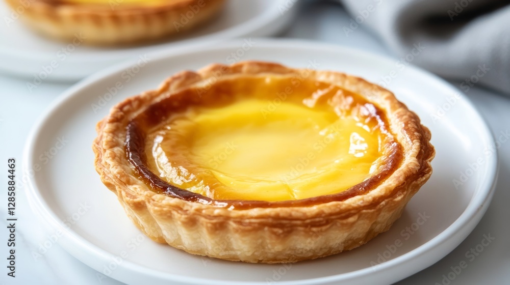 Flaky Egg Tart with Rich Smooth Custard on Elegant White Plate Flaky Egg Tart with Rich Smooth Custard on Elegant White Plate