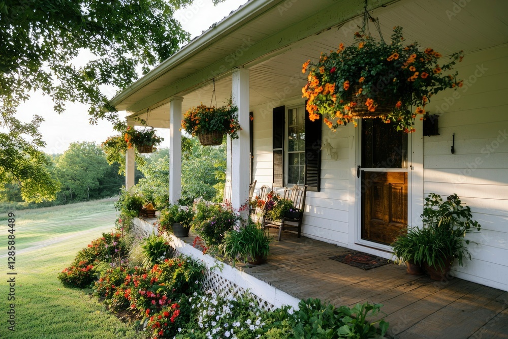 Naklejka premium Farmhouse porch with flowers at sunrise, ideal for real estate or lifestyle