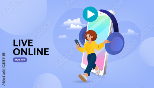 Woman with megaphone on video media player. social media with Live streaming. Online Video blogging digital marketing. digital campaign concept. influencer advertising. vector illustration.