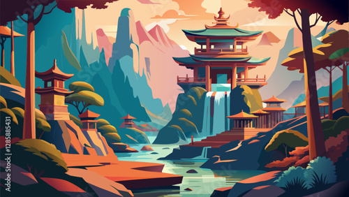 Traditional Asian Temple Nestled in Lush Mountain Valley.