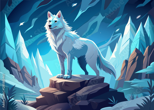 A majestic white wolf standing on a rocky cliff in a snowy mountainous landscape.