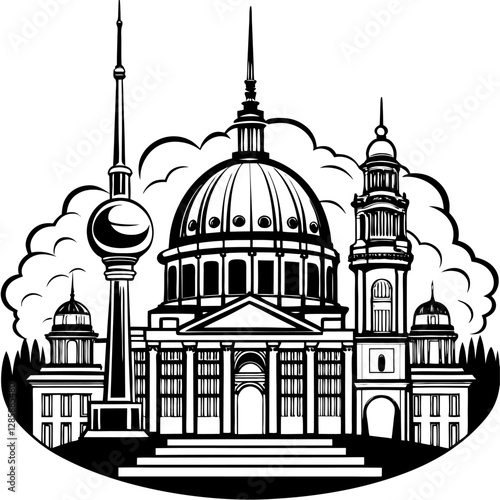 An elegant black and white rendering of a majestic temple with ornate domes and spires set against a backdrop of fluffy clouds.