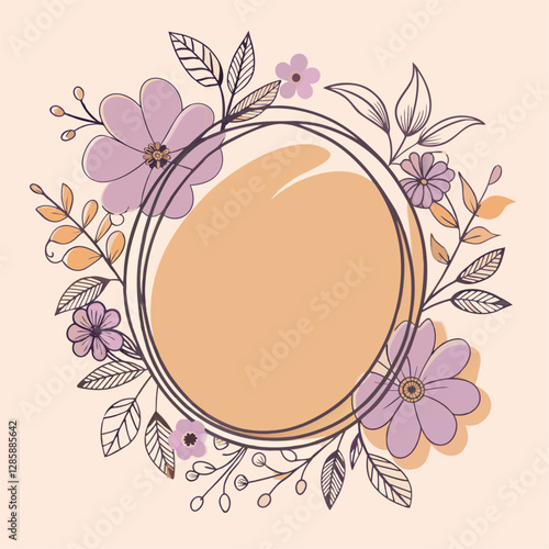 Circular floral frame with purple flowers and green leaves on a soft background.