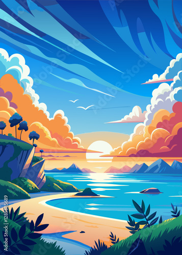 Sunset over a coastal landscape with cliffs and a winding beach path.