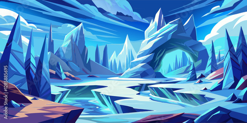 Icy blue cavern with sharp ice formations and a frozen river in the distance.