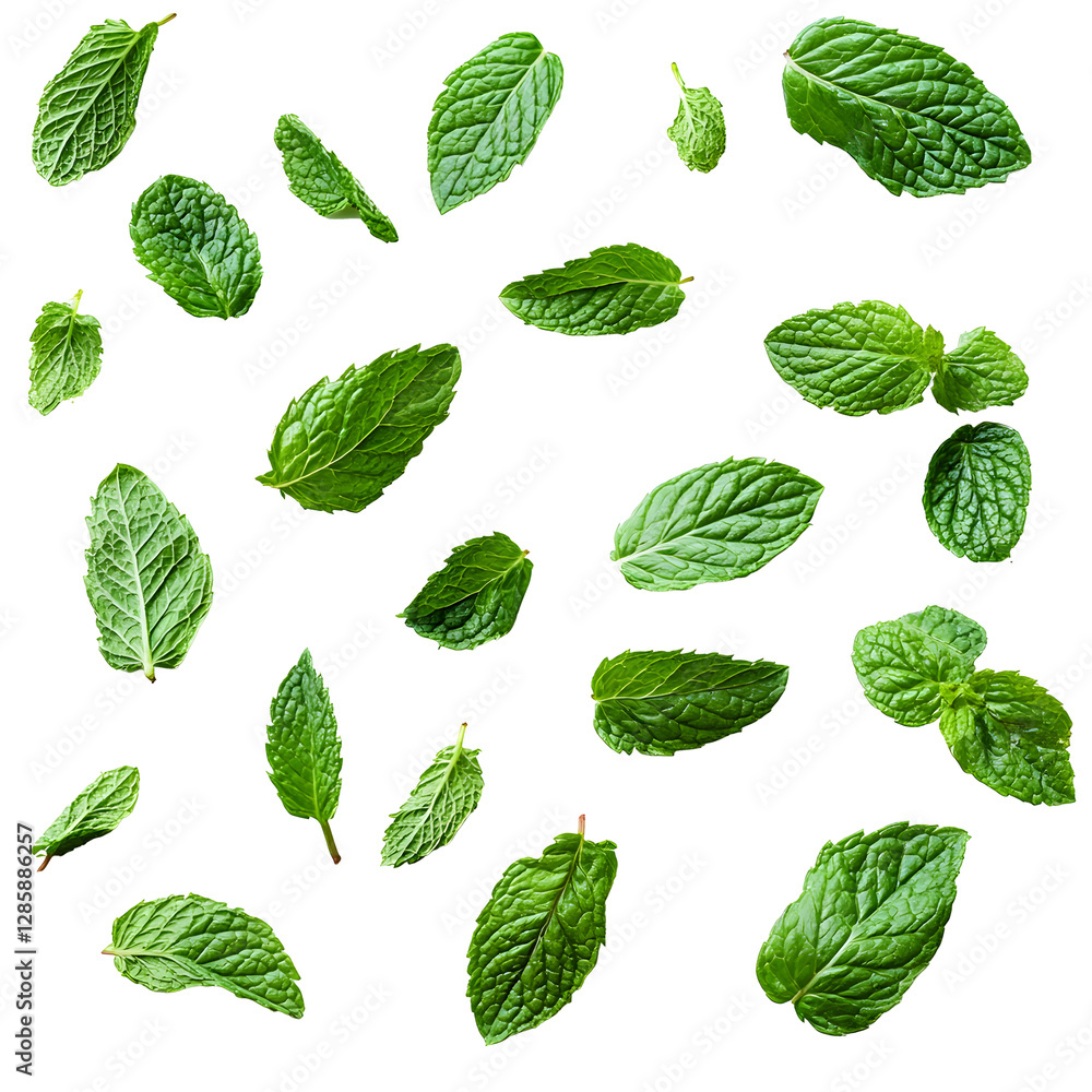 Fresh peppermint leaves scattered on white background, top view. Herbal aroma close-up. Fresh peppermint leaves scattered on white background, top view. Herbal aroma close-up.
