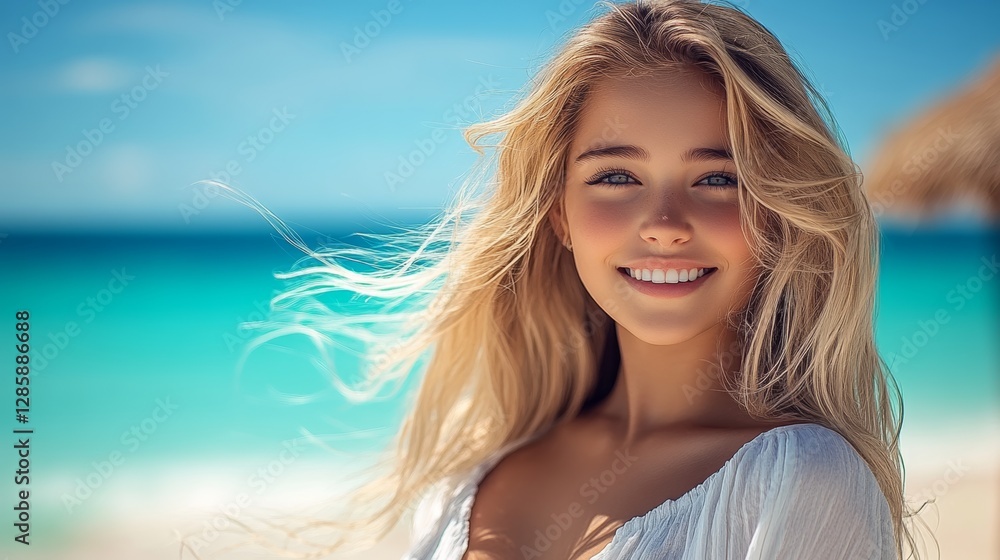 Blonde woman with long hair is smiling at the camera on a beach. Concept of happiness and relaxation, as the woman is enjoying her time by the ocean. The bright blue water Blonde woman with long hair is smiling at the camera on a beach. Concept of happiness and relaxation, as the woman is enjoying her time by the ocean. The bright blue water