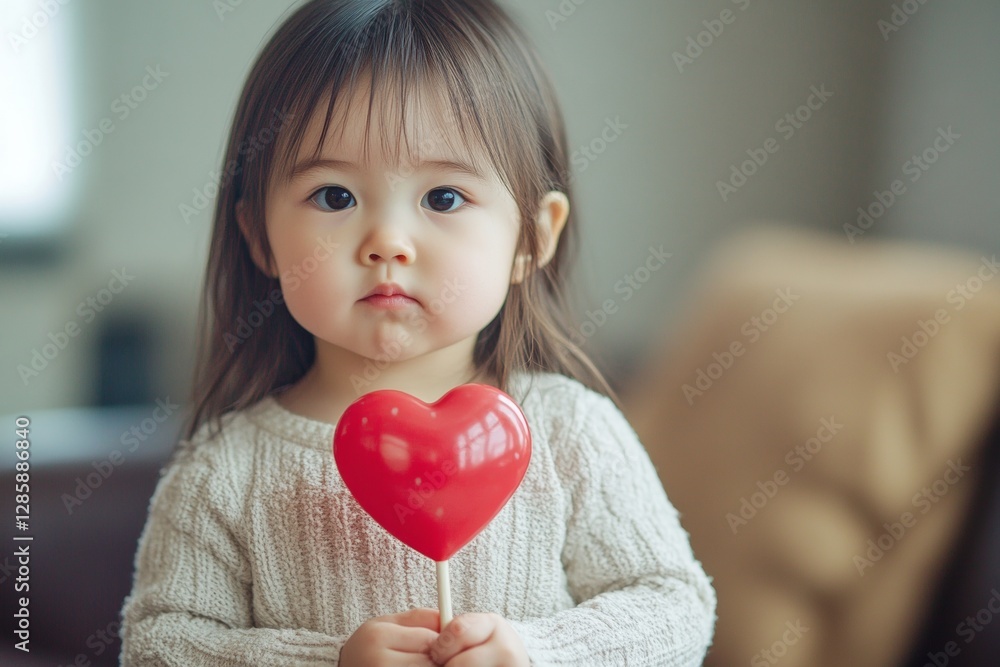 Valentine's day greeting and funny gift. Serious face cute asian toddler girl with small lollipop heart in hands. Red heart child. Love and joy for children. Funny love expression. Valentine's day greeting and funny gift. Serious face cute asian toddler girl with small lollipop heart in hands. Red heart child. Love and joy for children. Funny love expression.