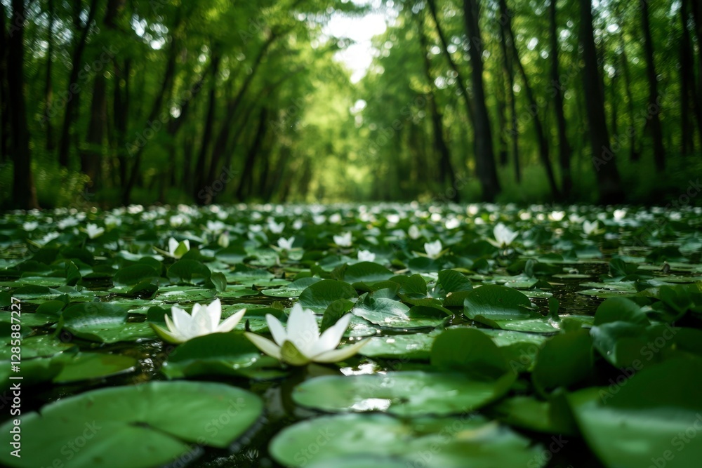 Fototapeta premium White water lilies blooming in a forest canal, ideal for nature projects