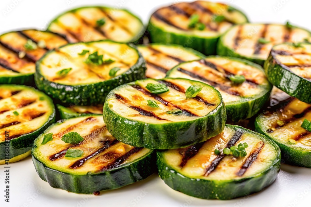 Grilled zucchini slices, a macro detail. White background isolates the food. Grilled zucchini slices, a macro detail. White background isolates the food.