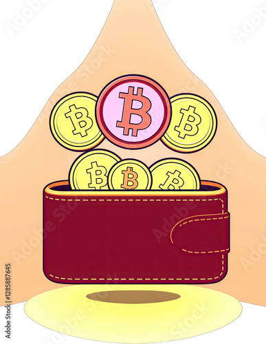Wallet Overflowing with Bitcoin Coins in Bright Cartoon Style