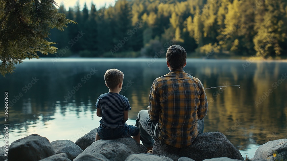 Father and Son Sitting Together by a Calm Lake at Sunset Father and Son Sitting Together by a Calm Lake at Sunset
