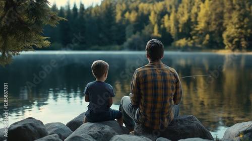 Father and Son Sitting Together by a Calm Lake at Sunset photo