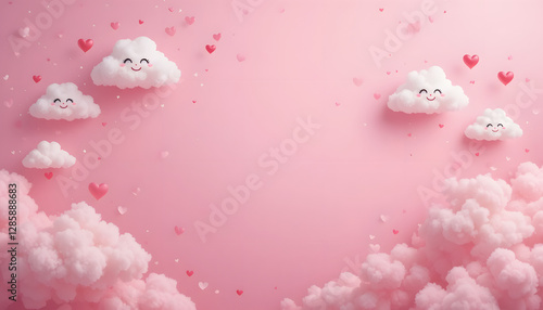 Cute Clouds, Hearts, Pink Background - Pastel colors
