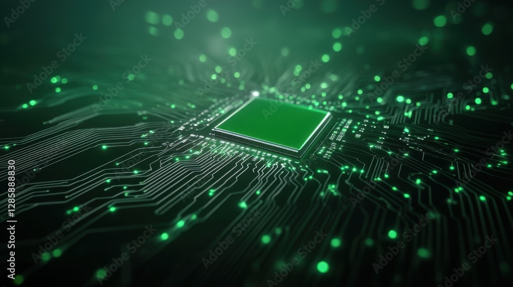 Green Circuit Board Close-up with Processor on Technology Background, Abstract Digital Network Concept Green Circuit Board Close-up with Processor on Technology Background, Abstract Digital Network Concept