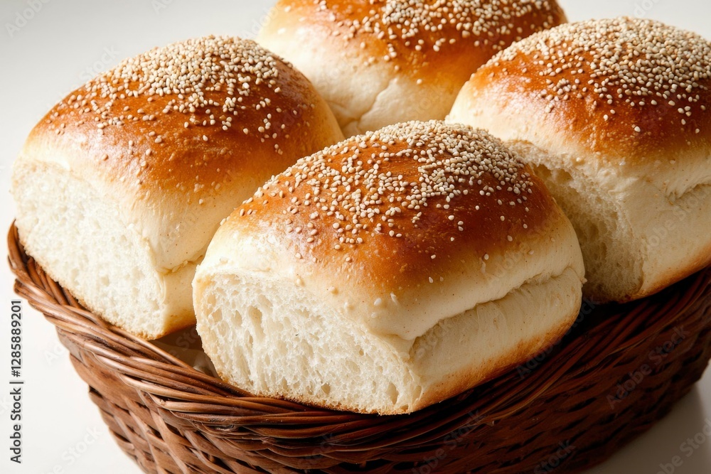 Freshly baked sesame seed buns in a wicker basket on a white background Freshly baked sesame seed buns in a wicker basket on a white background