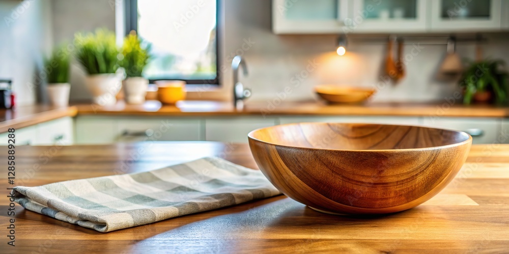 Fototapeta premium Minimalist kitchen, wooden bowl and napkin.