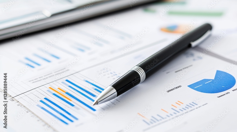 Business Report with Charts and Graphs on Desk with Black Pen, Showing Data Analysis and Financial Overview Business Report with Charts and Graphs on Desk with Black Pen, Showing Data Analysis and Financial Overview