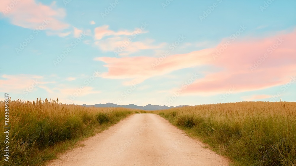 A serene dirt road stretches through golden fields under a pastel sky, leading towards distant mountains and inviting exploration. A serene dirt road stretches through golden fields under a pastel sky, leading towards distant mountains and inviting exploration.