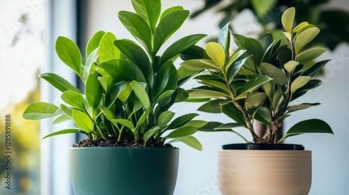 Two potted plants, one green and one brown, sit on a table. The green plant is taller and has more leaves, while the brown plant is shorter and has fewer leaves photo