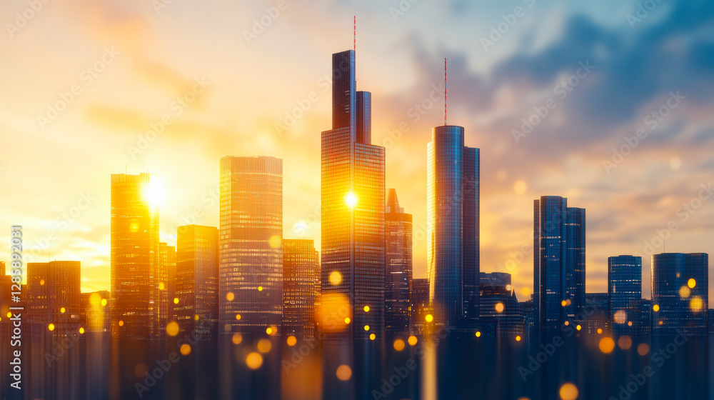Fototapeta premium Stunning city skyline at sunset, modern skyscrapers reflecting golden light, urban architecture, vibrant cityscape photography inspiration.