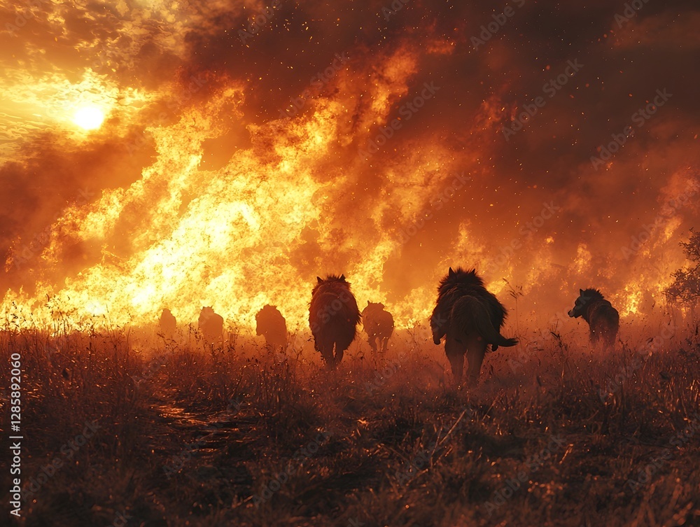 Fototapeta premium Dramatic Silhouettes of Animals Fleeing Glowing Wildfire in Apocalyptic Landscape