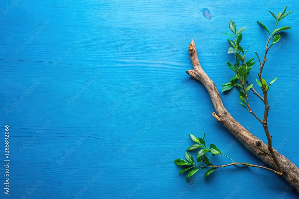 Fototapeta premium Showcase your product on a blue wooden branch background. Ample writing space included.