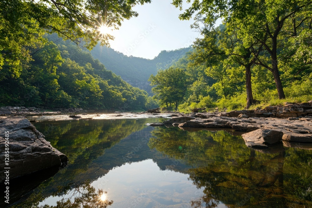 Fototapeta premium Sunrise over calm river in forested mountain valley, ideal for nature themes