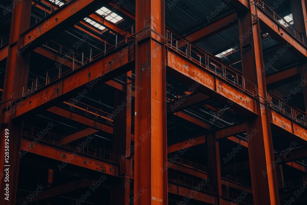 Fototapeta premium Red steel framework of a building under construction, industrial site