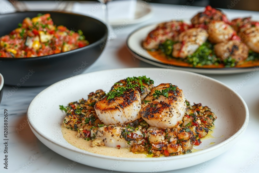 Seared scallops on creamy sauce, with sides, restaurant setting Seared scallops on creamy sauce, with sides, restaurant setting