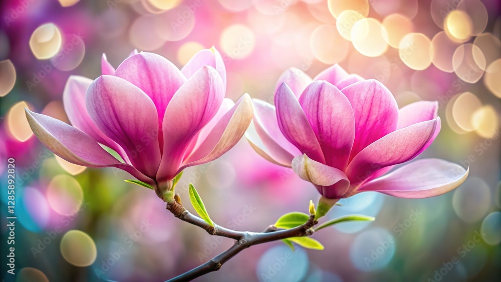 Fototapeta premium Soft pink magnolia flowers, out-of-focus, a gentle floral backdrop.