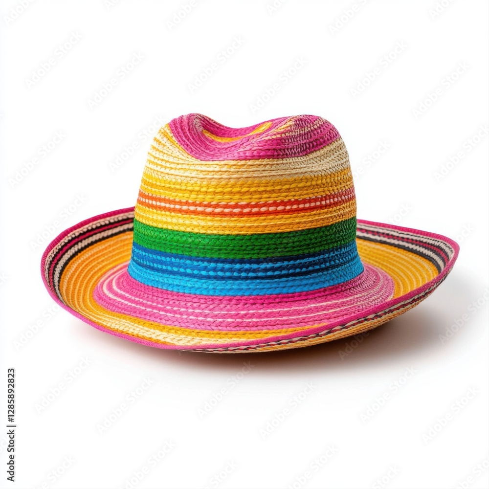 Brightly Colored Mexican Straw Hat with Rainbow Stripes on White Background for Celebrations and Festivals Brightly Colored Mexican Straw Hat with Rainbow Stripes on White Background for Celebrations and Festivals