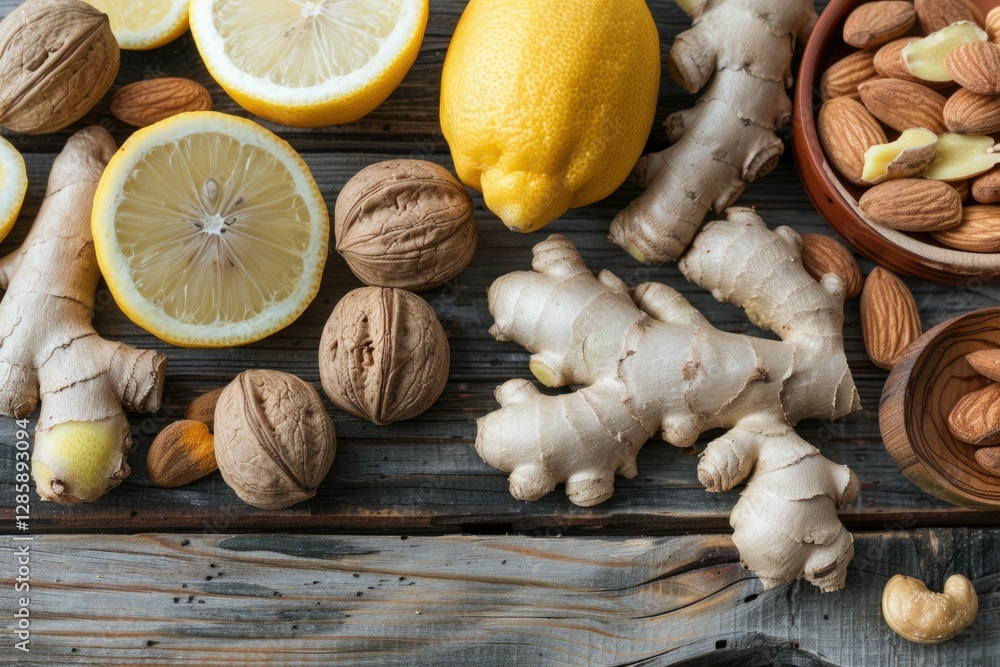 Lemons, ginger, almonds, and walnuts arranged on a rustic wooden surface. Healthy ingredients. Lemons, ginger, almonds, and walnuts arranged on a rustic wooden surface. Healthy ingredients.