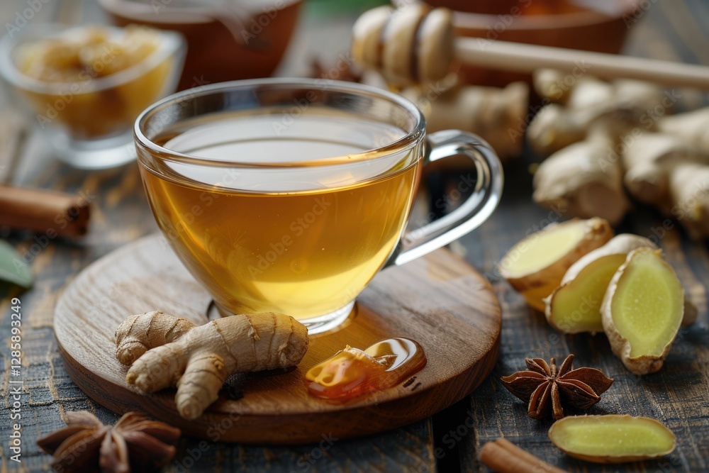 A warm cup of ginger tea with honey, cinnamon, and star anise. Perfect for cold weather. A warm cup of ginger tea with honey, cinnamon, and star anise. Perfect for cold weather.