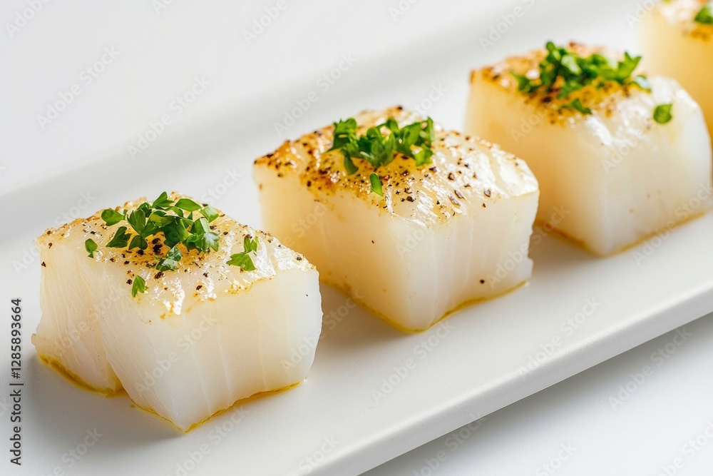 Seared white fish appetizers on white plate, simple elegance Seared white fish appetizers on white plate, simple elegance