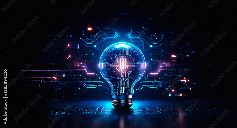 A glowing lightbulb shape is formed from interconnected circuit board elements against a dark background. Blue and pink lights illuminate the abstract digital design, symbolizing innovation and techn A glowing lightbulb shape is formed from interconnected circuit board elements against a dark background. Blue and pink lights illuminate the abstract digital design, symbolizing innovation and techn