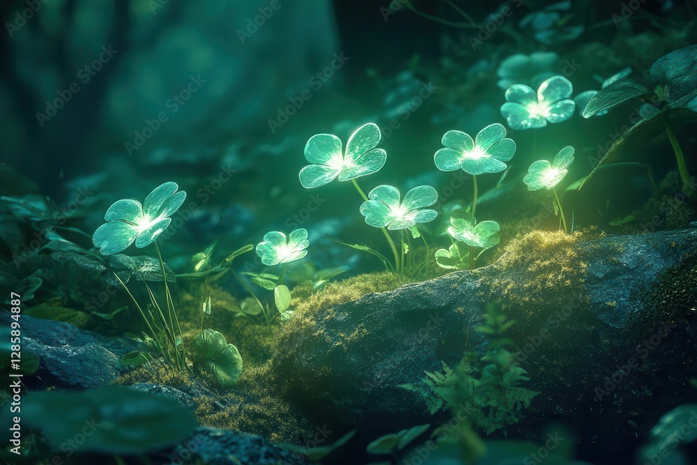 Fototapeta premium magical forest scene with crystalline shamrocks glowing with internal light floating in misty emerald atmosphere