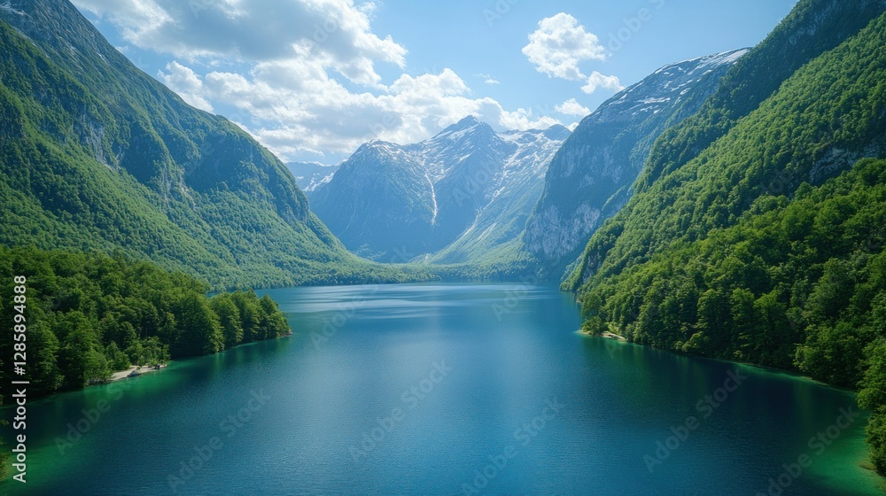 Fototapeta premium Serene alpine lake nestled in a valley, mountain range, sunny day