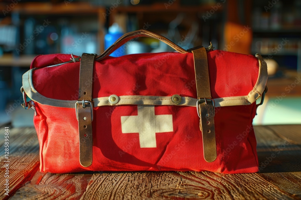 A vintage red canvas bag with leather straps and a Swiss cross, resting on a wooden surface.