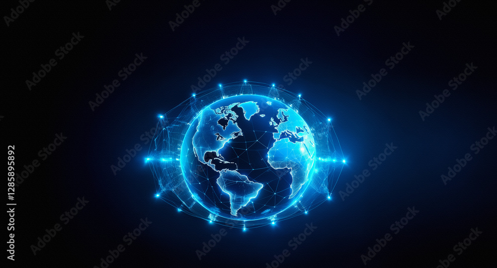 Glowing blue globe with network connections encircling it. Digital world representation with interconnected nodes against a dark backdrop. Glowing blue globe with network connections encircling it. Digital world representation with interconnected nodes against a dark backdrop.