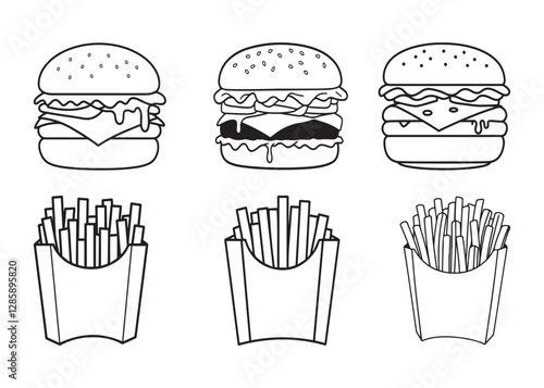 Fast Food Line Art Vector Pack - Burgers & Fries Outline Icons