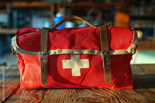 Obraz na płótnie A vintage red canvas bag with leather straps and a Swiss cross, resting on a wooden surface. w salonie