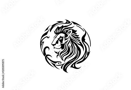 Tribal Lion Head Tattoo Design Black Ink Circle Graphic photo