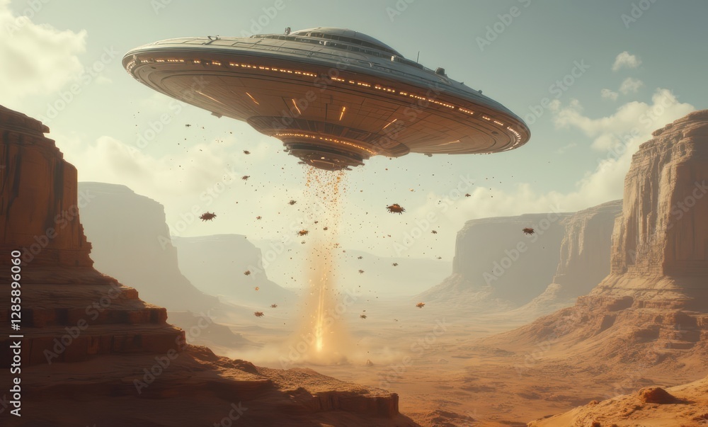Futuristic spaceship above desert landscape Futuristic spaceship above desert landscape