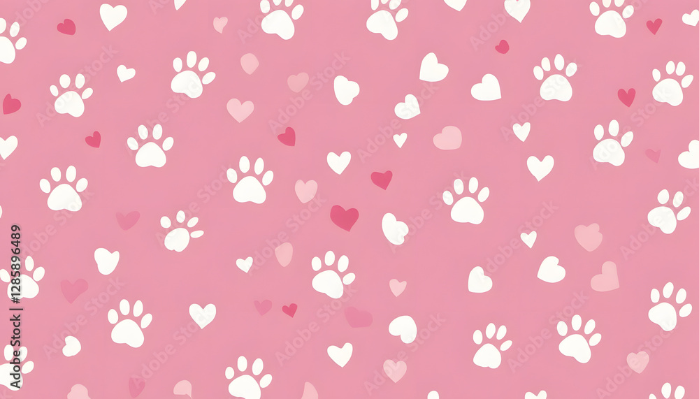 Pink Paw Prints & Hearts Seamless Pattern - Pastel Colors Pink Paw Prints & Hearts Seamless Pattern - Pastel Colors
