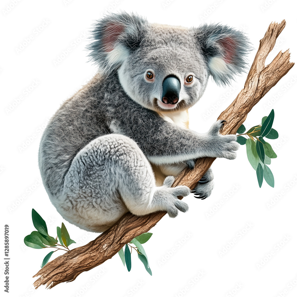 Naklejka premium Koala climbing a eucalyptus tree on transparent background