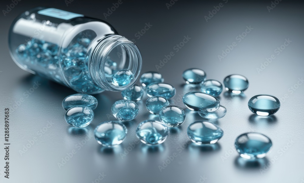 Spilled blue capsules in glass jar Spilled blue capsules in glass jar