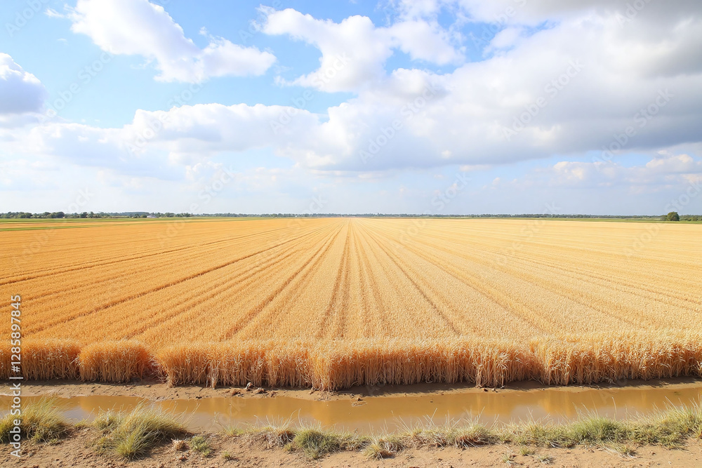 Fototapeta premium Wheat fields with dry creek bed in view