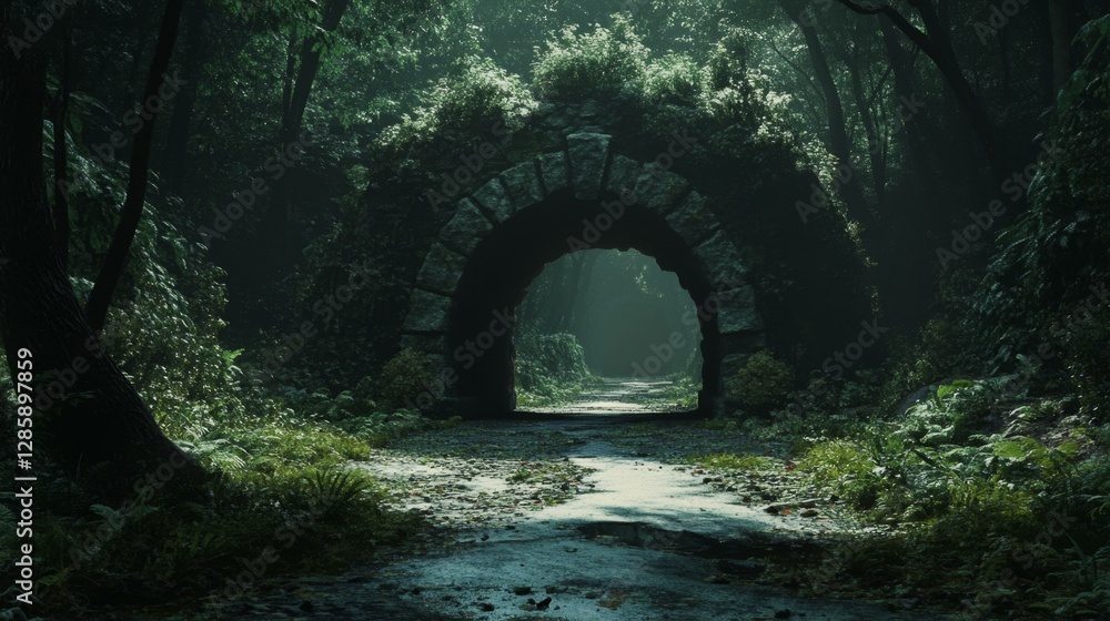 Fototapeta premium Stone Archway Tunnel Through Misty Forest Landscape with Overgrowth and Path Leading Through