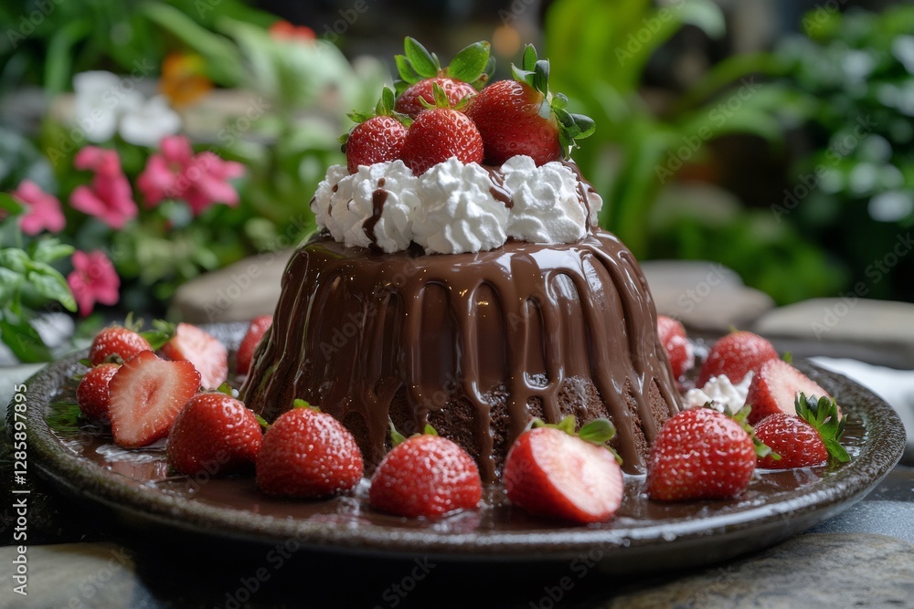 Chocolate volcano cake is decorated with fresh strawberries and whipped cream, creating a tempting dessert